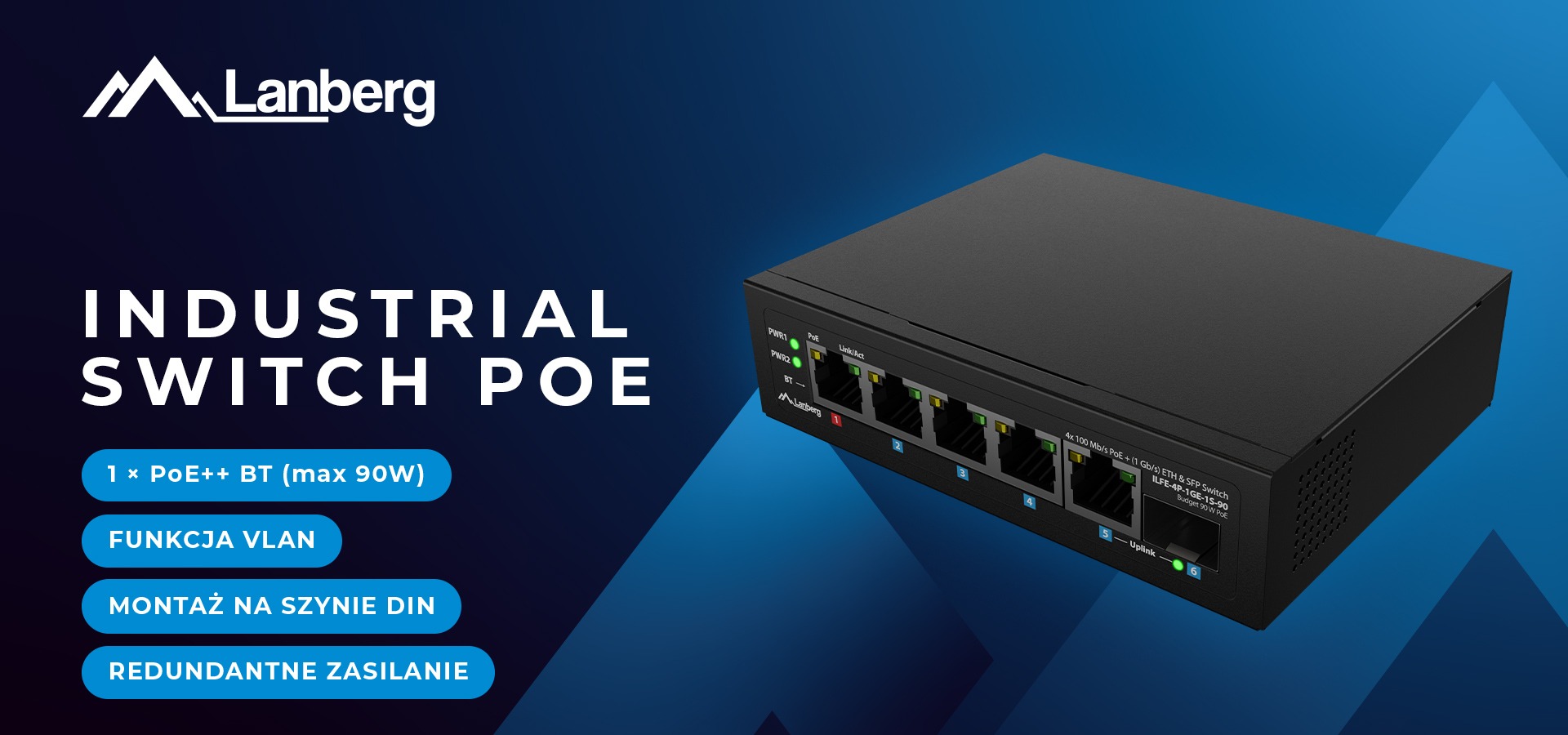 Przemysłowy przełącznik sieciowy z wieloma portami i eleganckim czarnym wzornictwem.