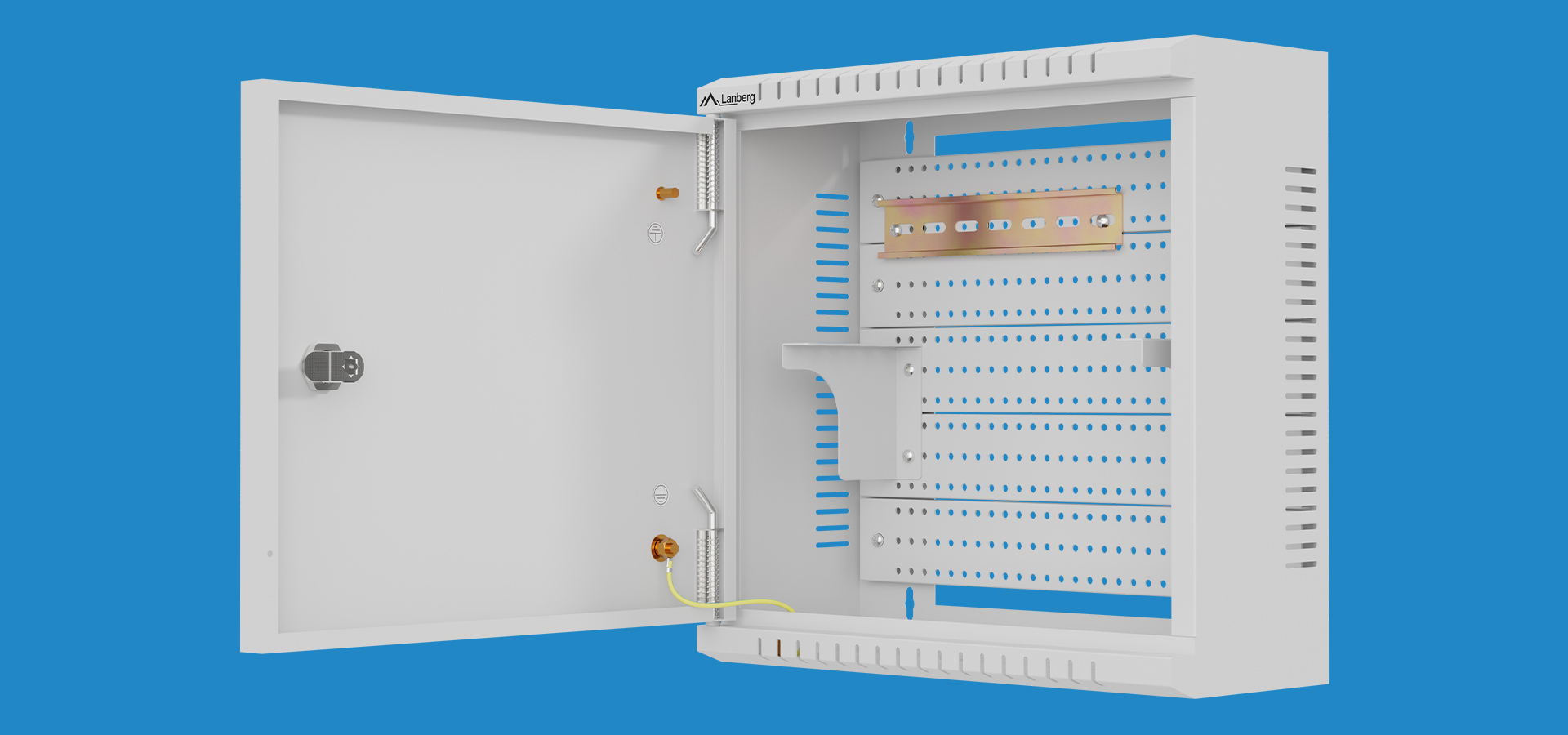 Open white enclosure with a pegboard, mounting strip, and a lockable door.