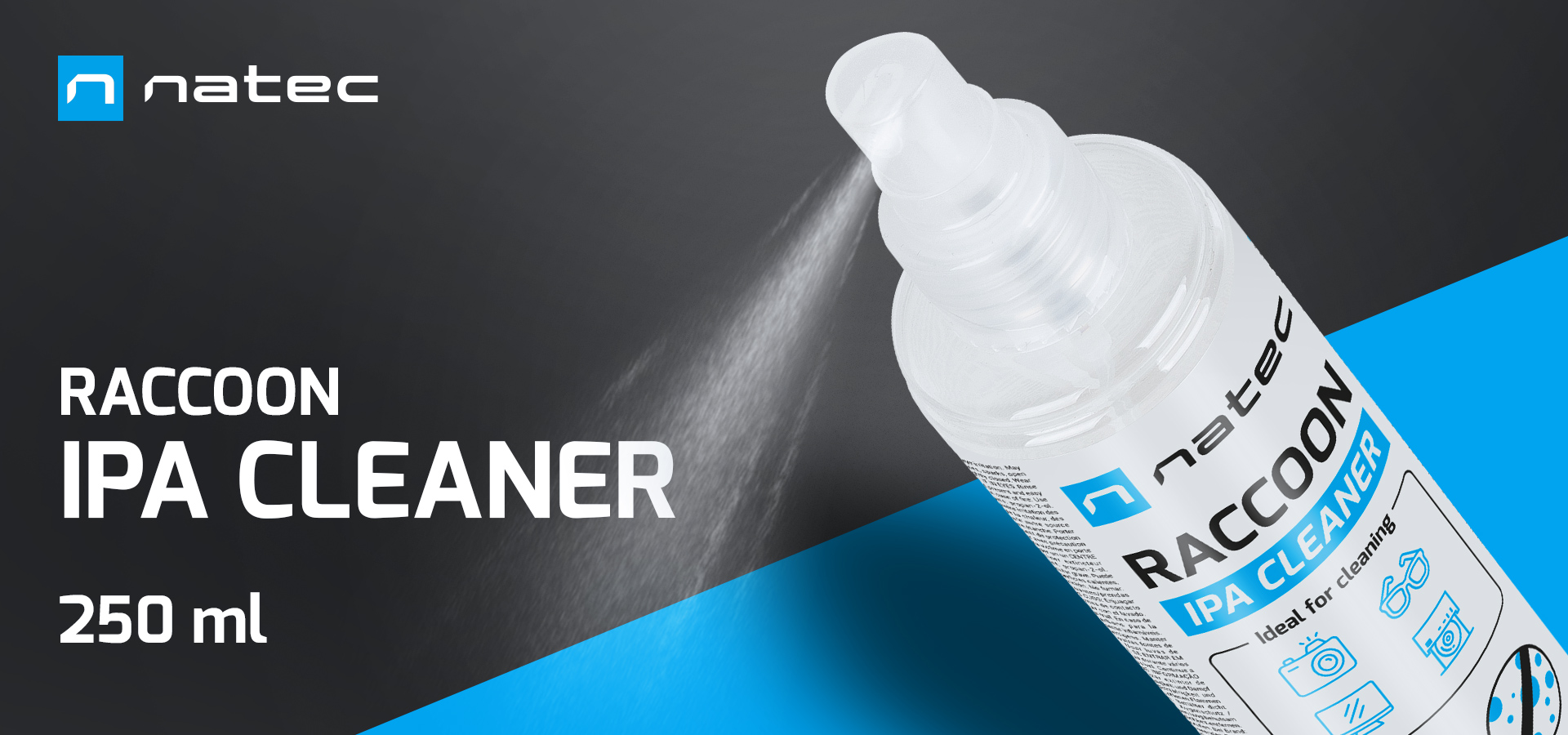 Butelka spray z środkiem czyszczącym, pokazująca mgłę płynu w powietrzu.