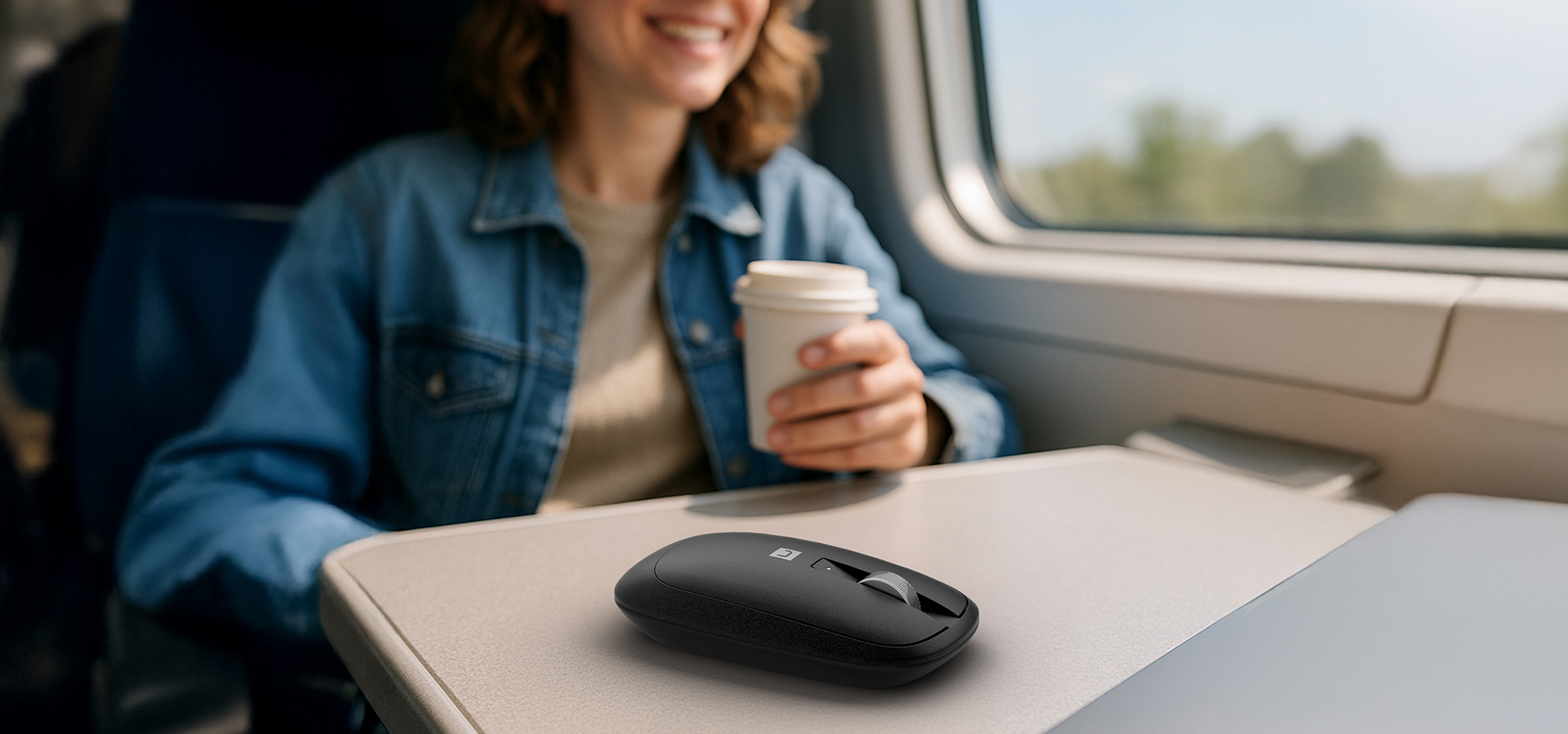 Mysz bezprzewodowa na stoliku podróżnym z uśmiechniętą osobą trzymającą filiżankę kawy w tle