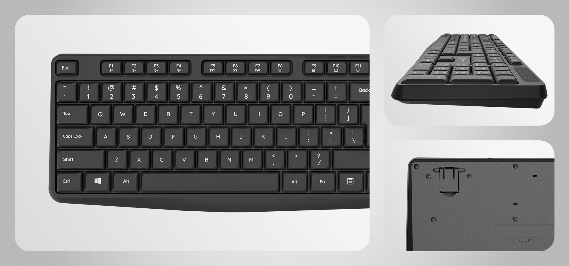 Black keyboard with flat keys and a simple design, viewed from multiple angles.
