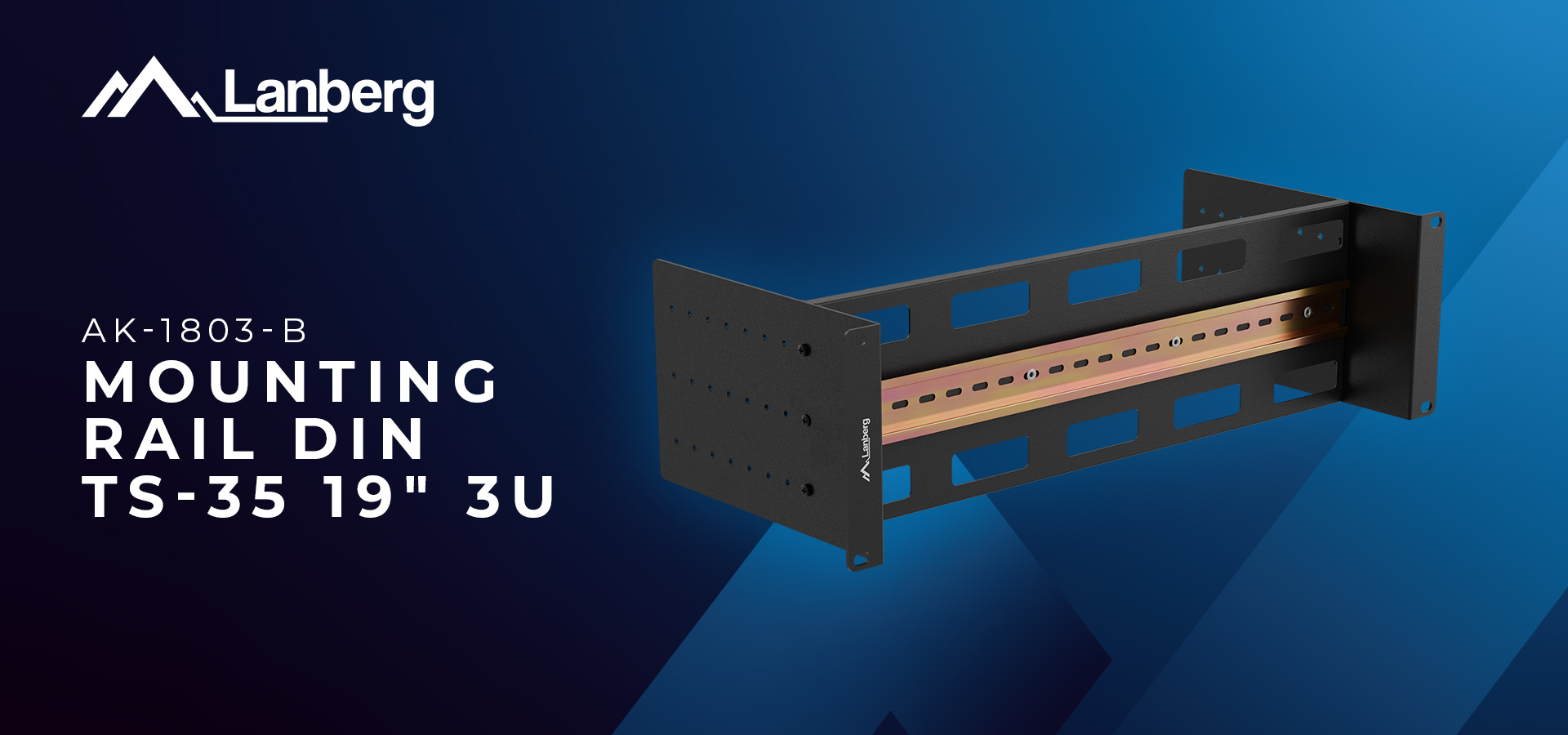 Black mounting rail designed for equipment installation in a 19-inch cabinet.