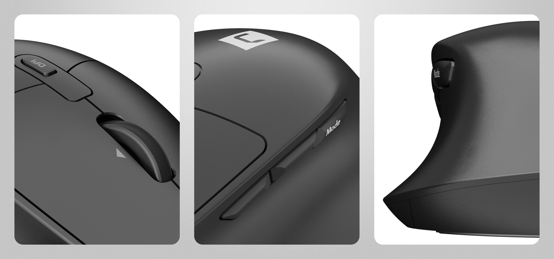 Czarna mysz komputerowa pokazująca różne kąty i kółko przewijania z boku.