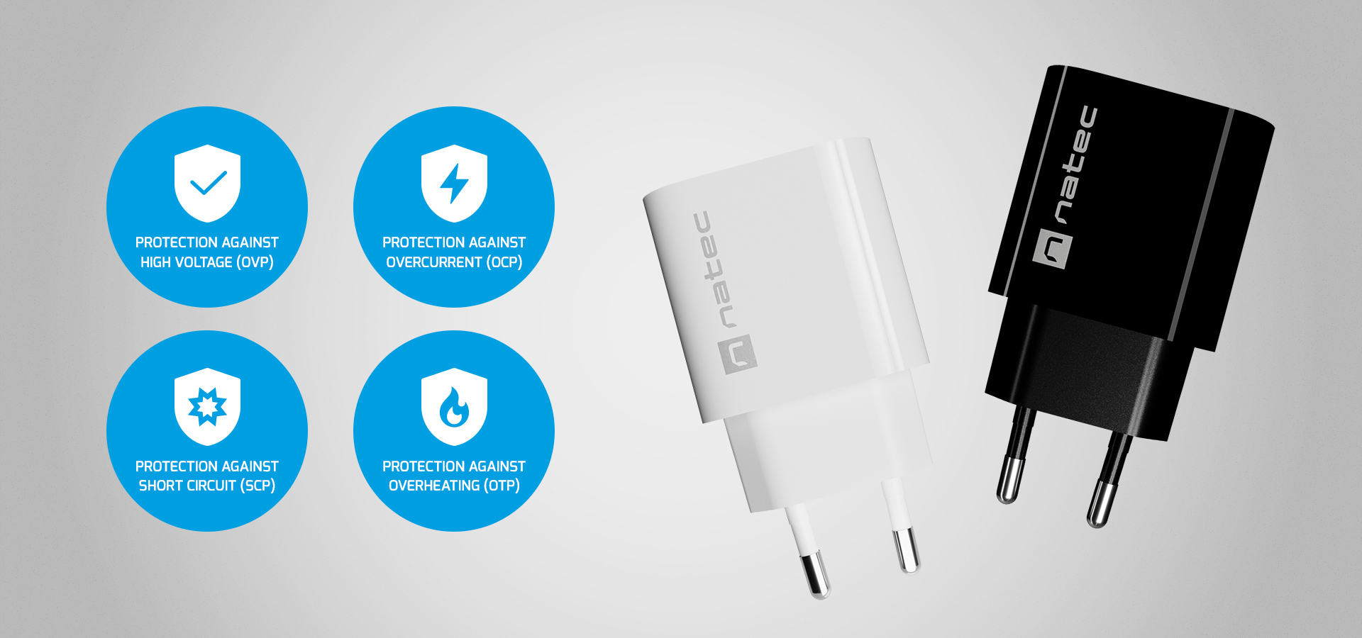 Two wall chargers in black and white with four blue icons indicating safety features.