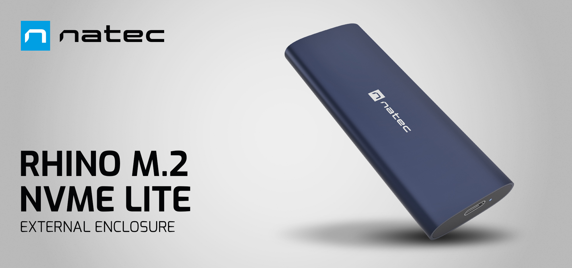 External enclosure in dark blue with a sleek design and a connection port.