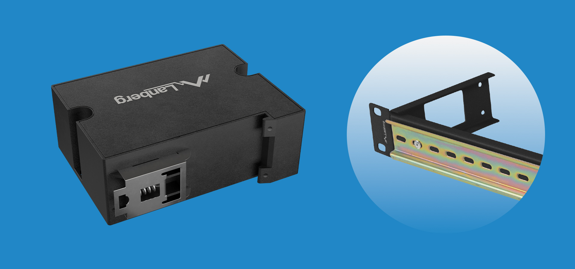 Czarny urządzenie z złączem oraz metalowym uchwytem z różnymi portami i otworami.