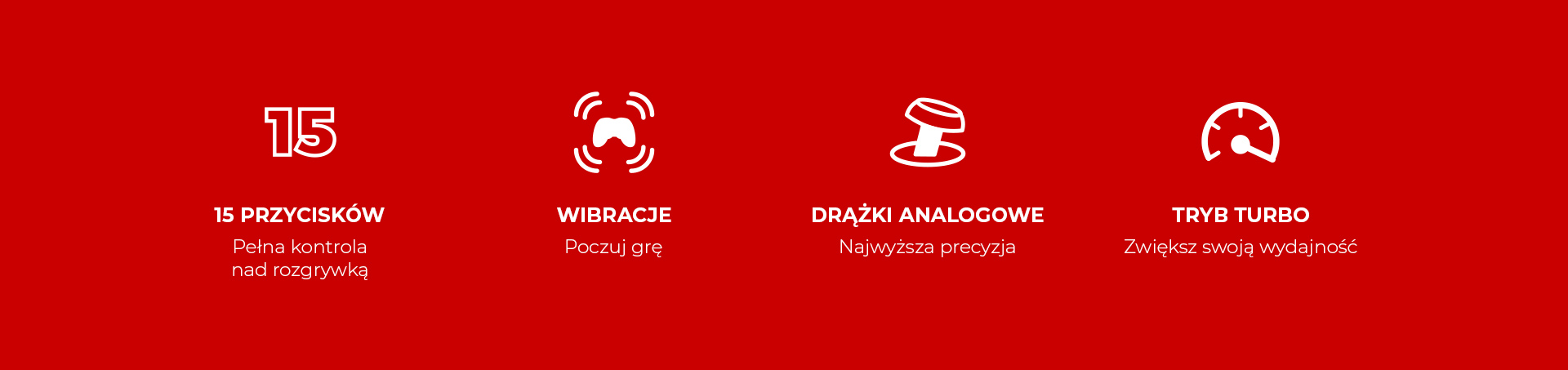 Czerwone tło z ikonami funkcji gier, w tym przycisków, sprzężenia zwrotnego i trybu turbo.
