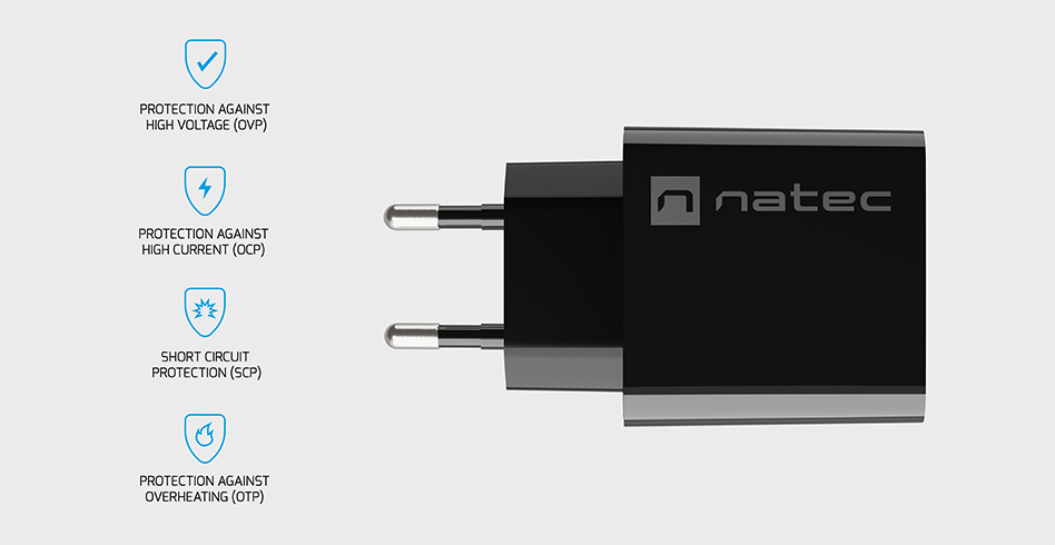 Black charger with one USB-A and one USB-C port, designed for efficient power delivery