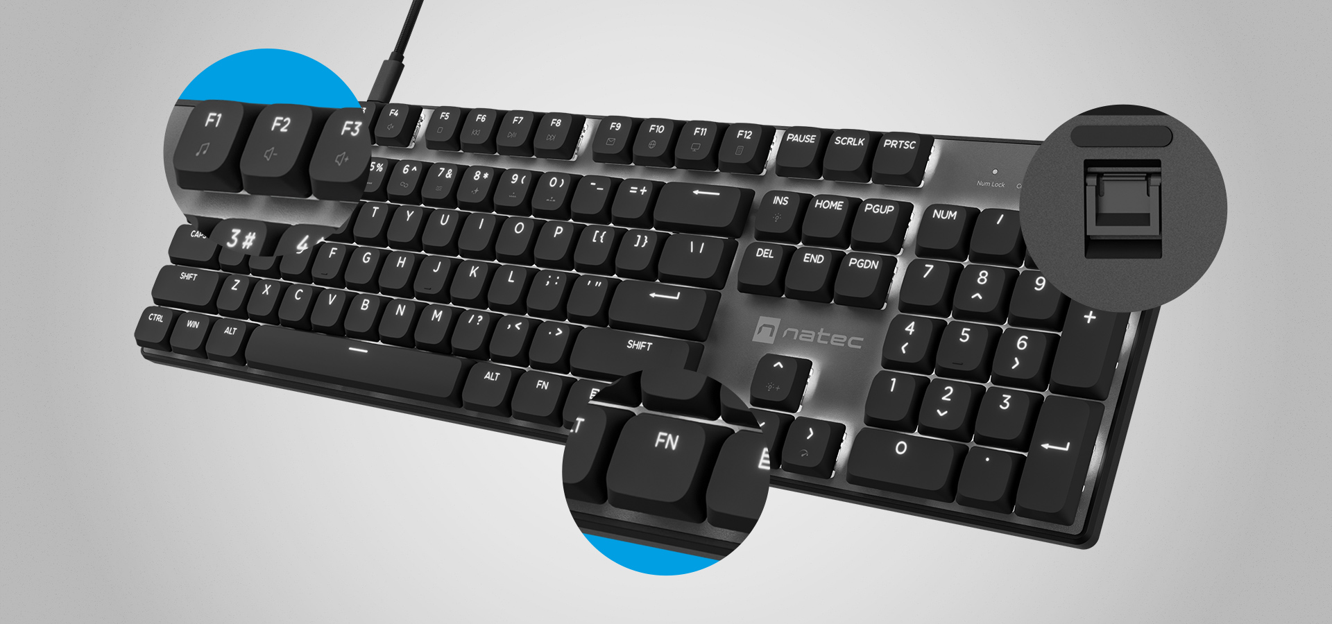 Keyboard with a cable, function keys, and a highlighted function key section.