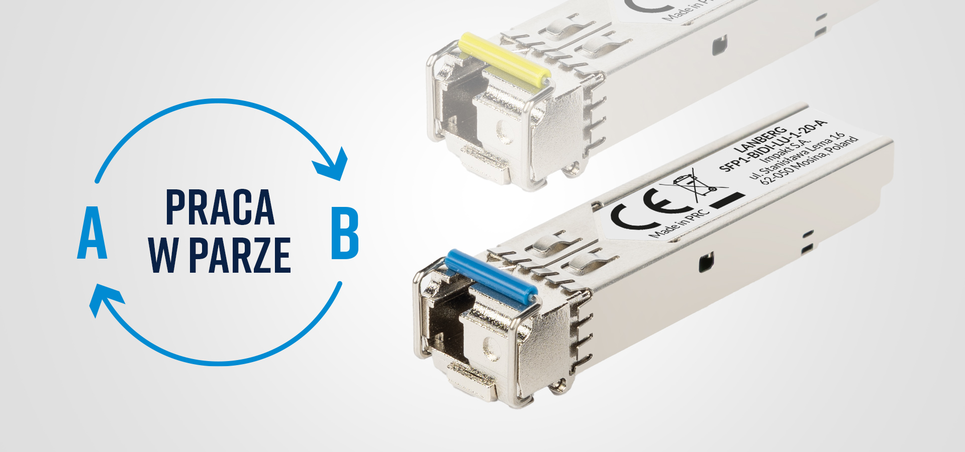 Dwa moduły transceiverów optycznych z różnokolorowymi złączami na jasnym tle.