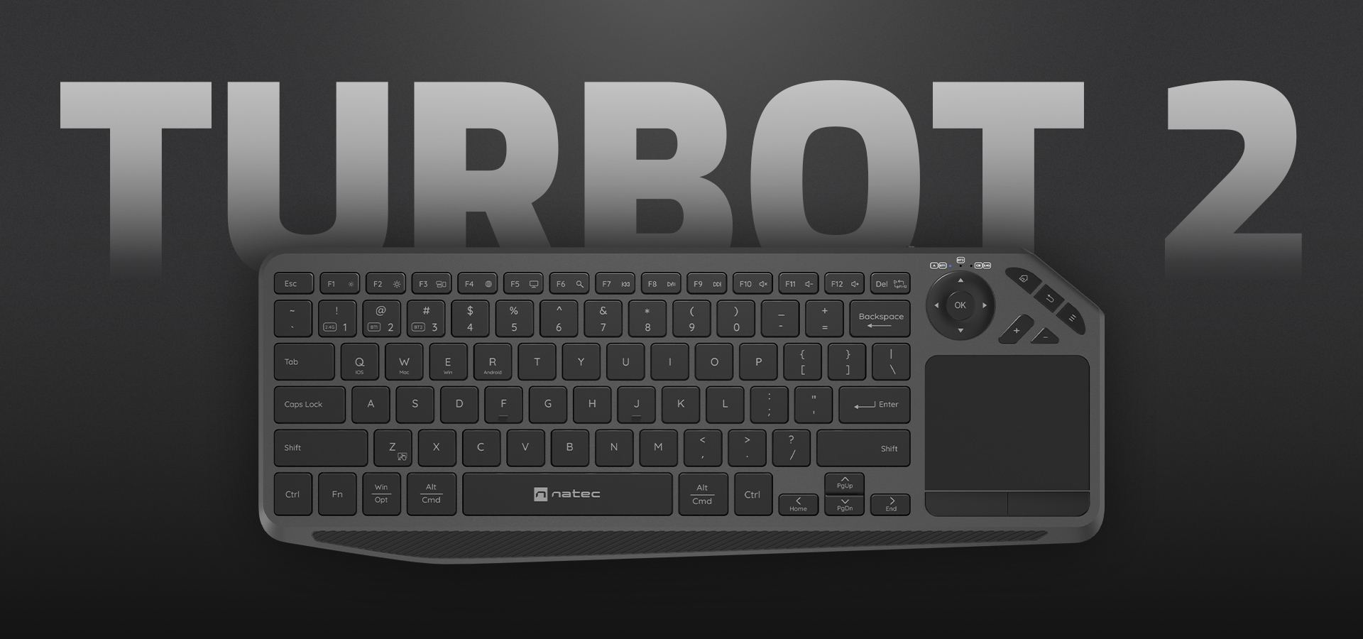 Bezprzewodowa klawiatura z panelem dotykowym, przyciskami multimedialnymi i kompaktowym kształtem.