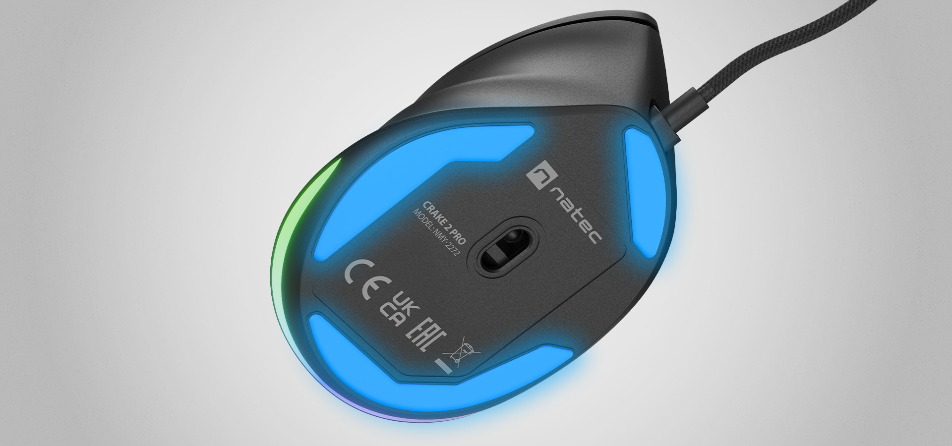 Wired mouse with a glowing light and a sleek ergonomic design.