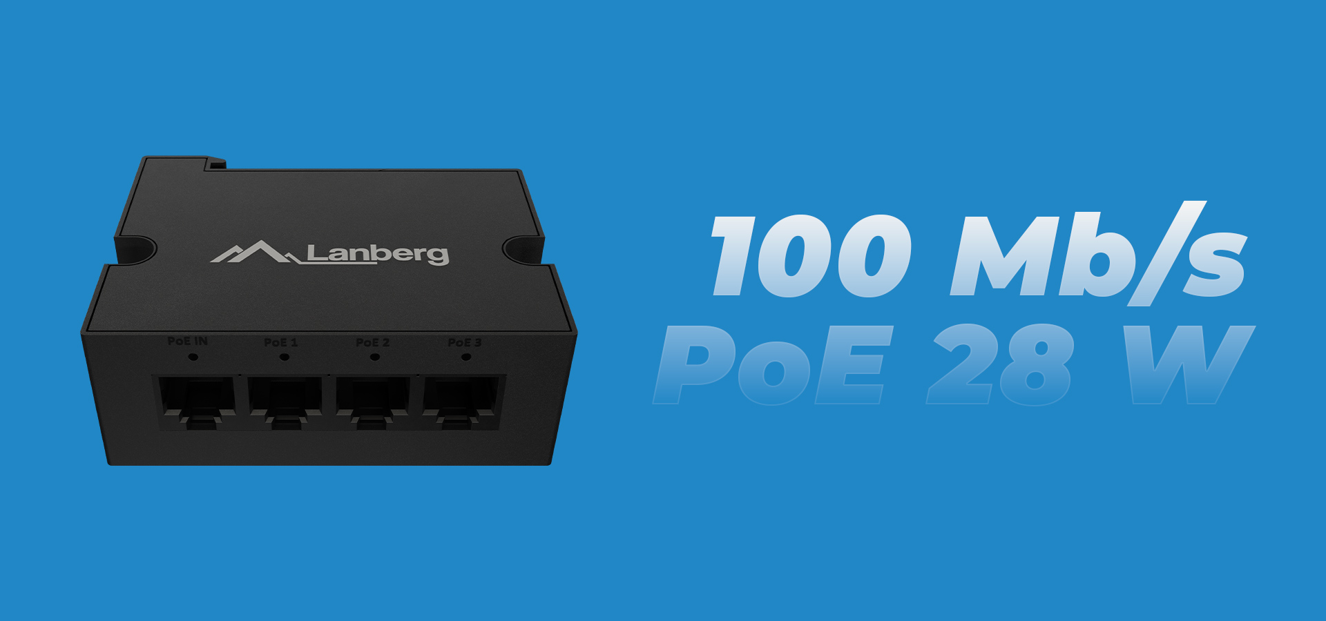 Urządzenie z czterema portami sieciowymi i logo na górze w czarnej obudowie.