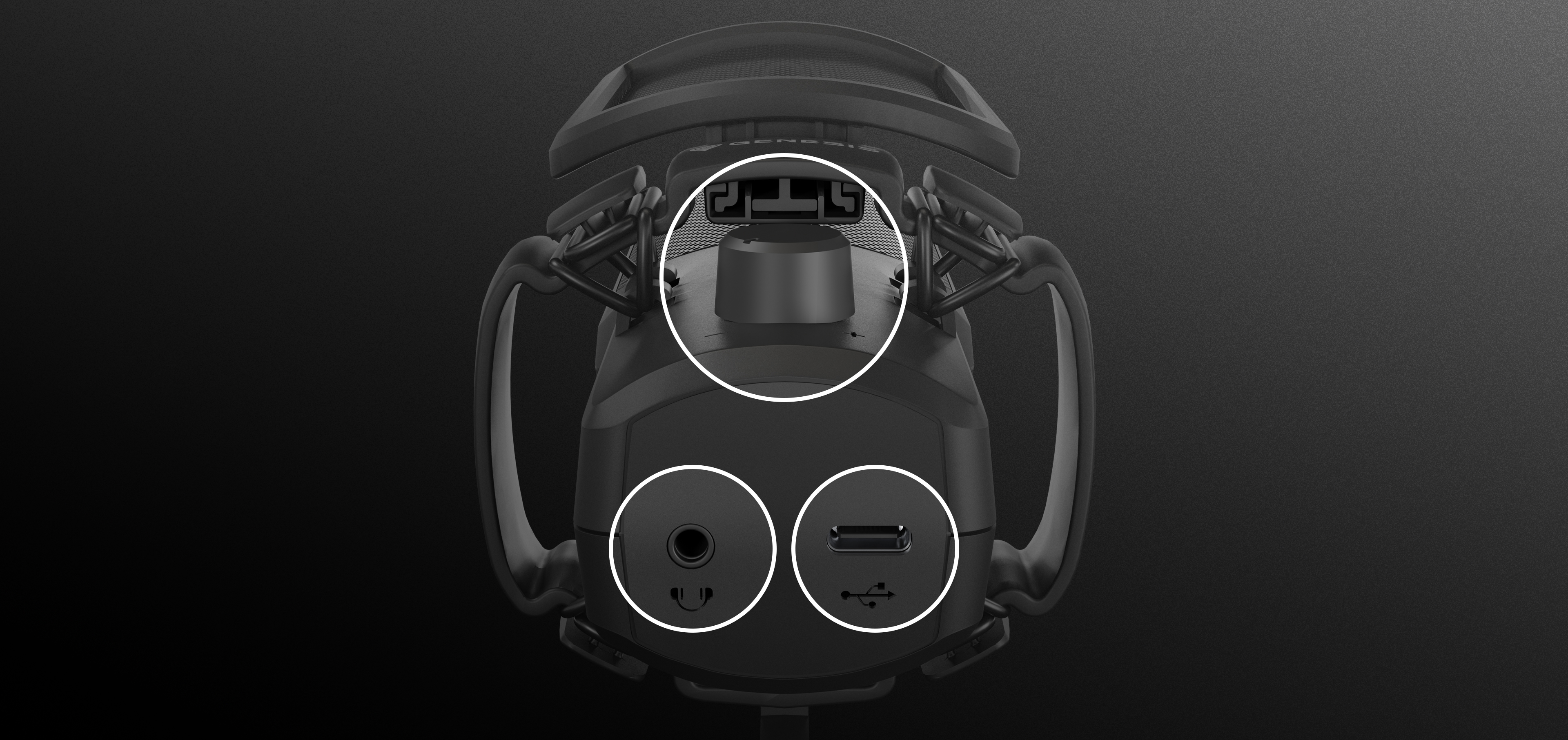 Nahaufnahme der Unterseite des Genesis Radium 250 USB-Mikrofons mit den Anschlüssen einschließlich USB und Audioausgang