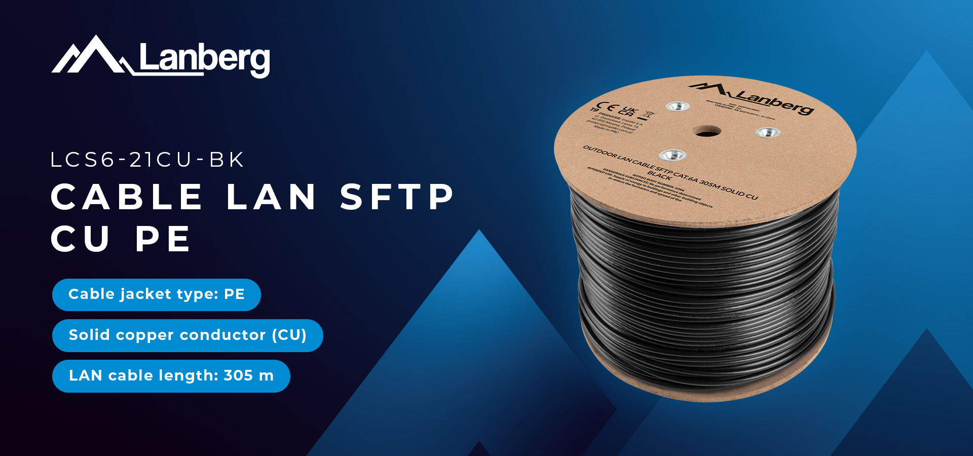 Spool of networking cable with a black jacket and a label indicating specifications.
