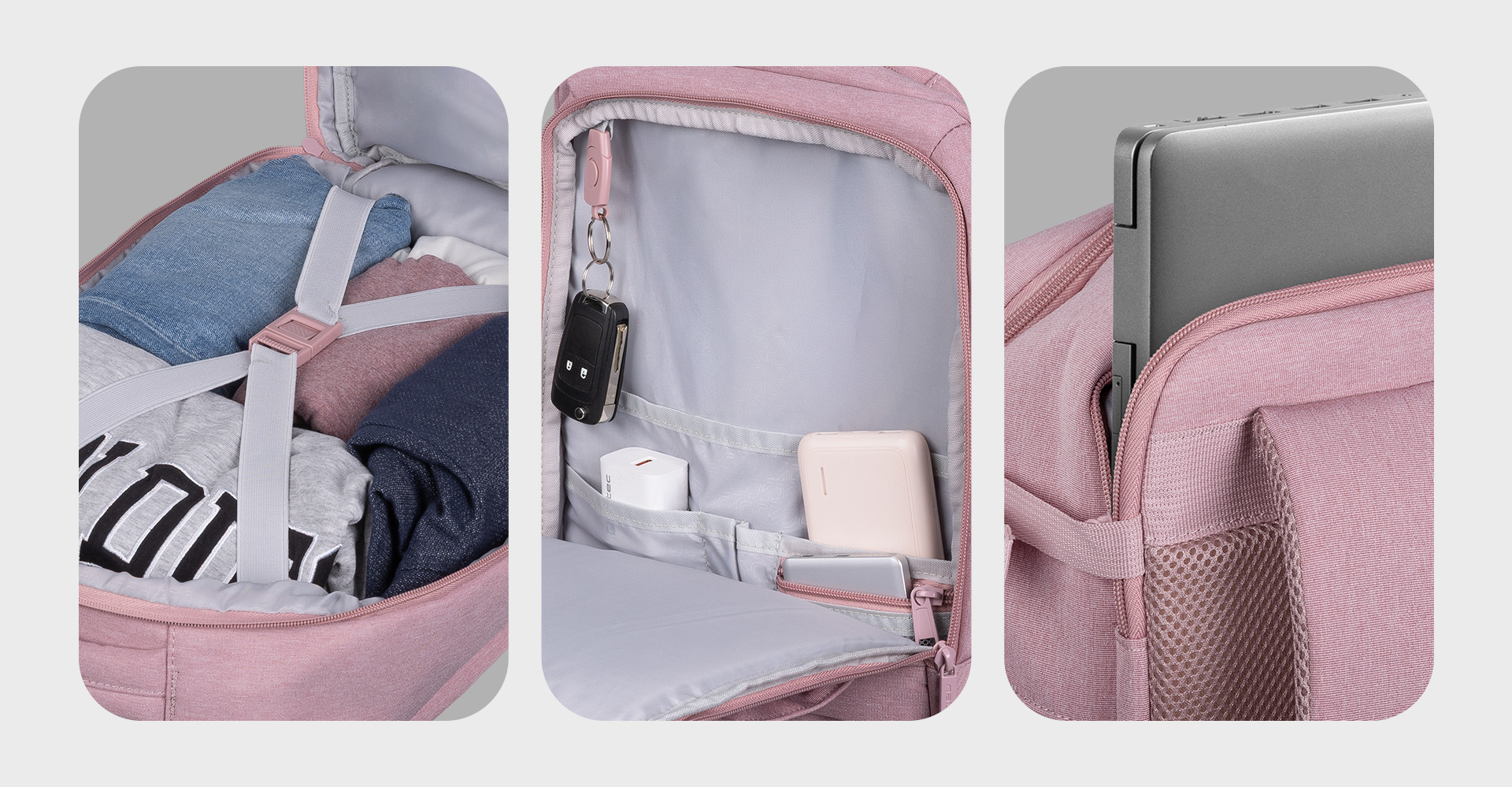 Pink backpack interior showing folded clothes and compartments for small items.