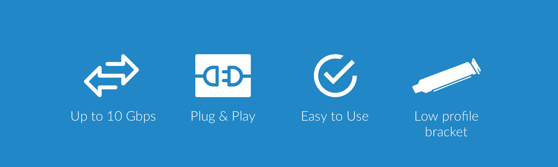 Four icons on a blue background indicating various features and benefits.