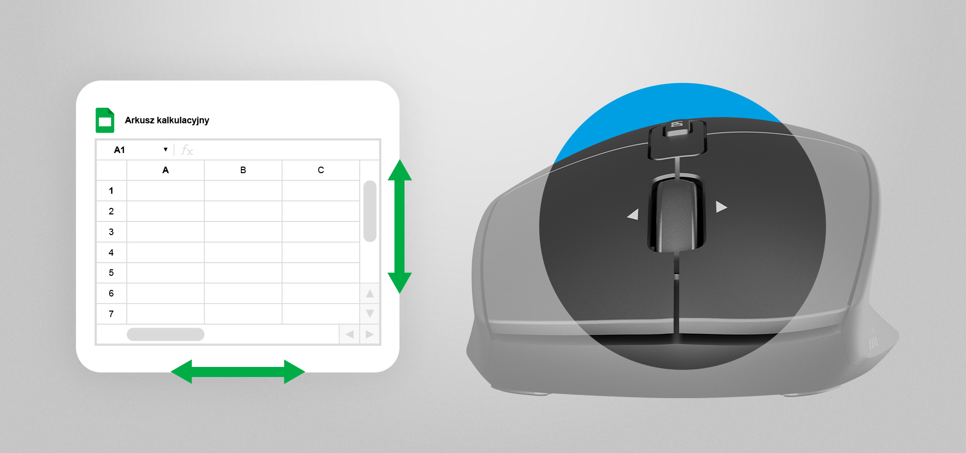 Mysz komputerowa obok arkusza kalkulacyjnego z oznaczonymi kolumnami i wierszami.