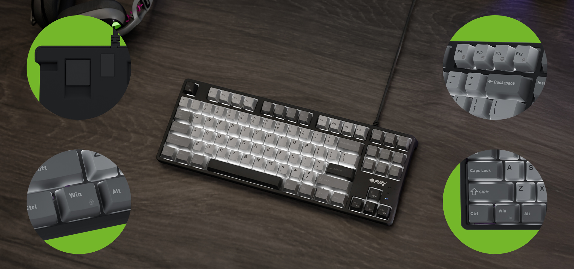 Przewodowa klawiatura o kompaktowej budowie z jasnymi i ciemnymi klawiszami.