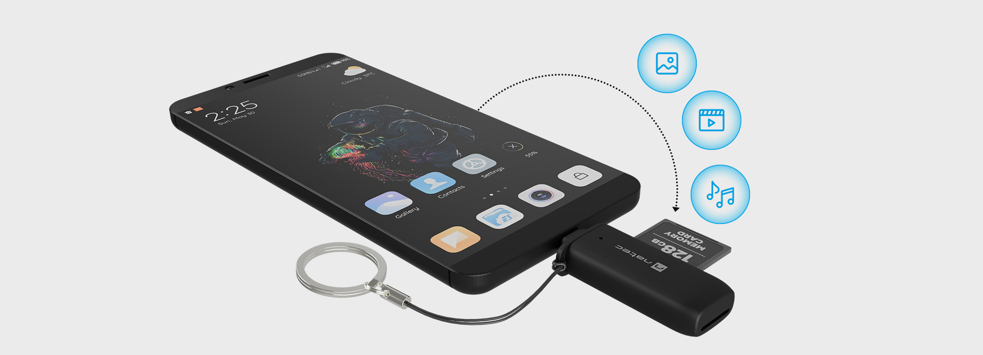 Czytnik kart podłączany do smartfona z kartą microSD, umożliwiający dostęp do plików