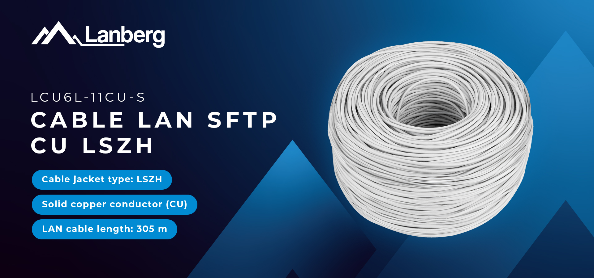 Coiled LAN cable with a light jacket and a round shape on a blue background.