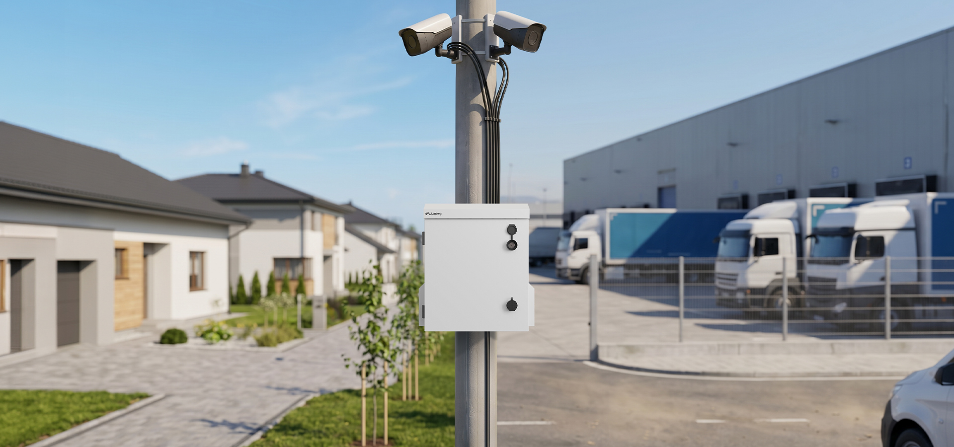 Kamery monitorujące zamontowane na słupie obok białej skrzynki elektrycznej w strefie przemysłowej.