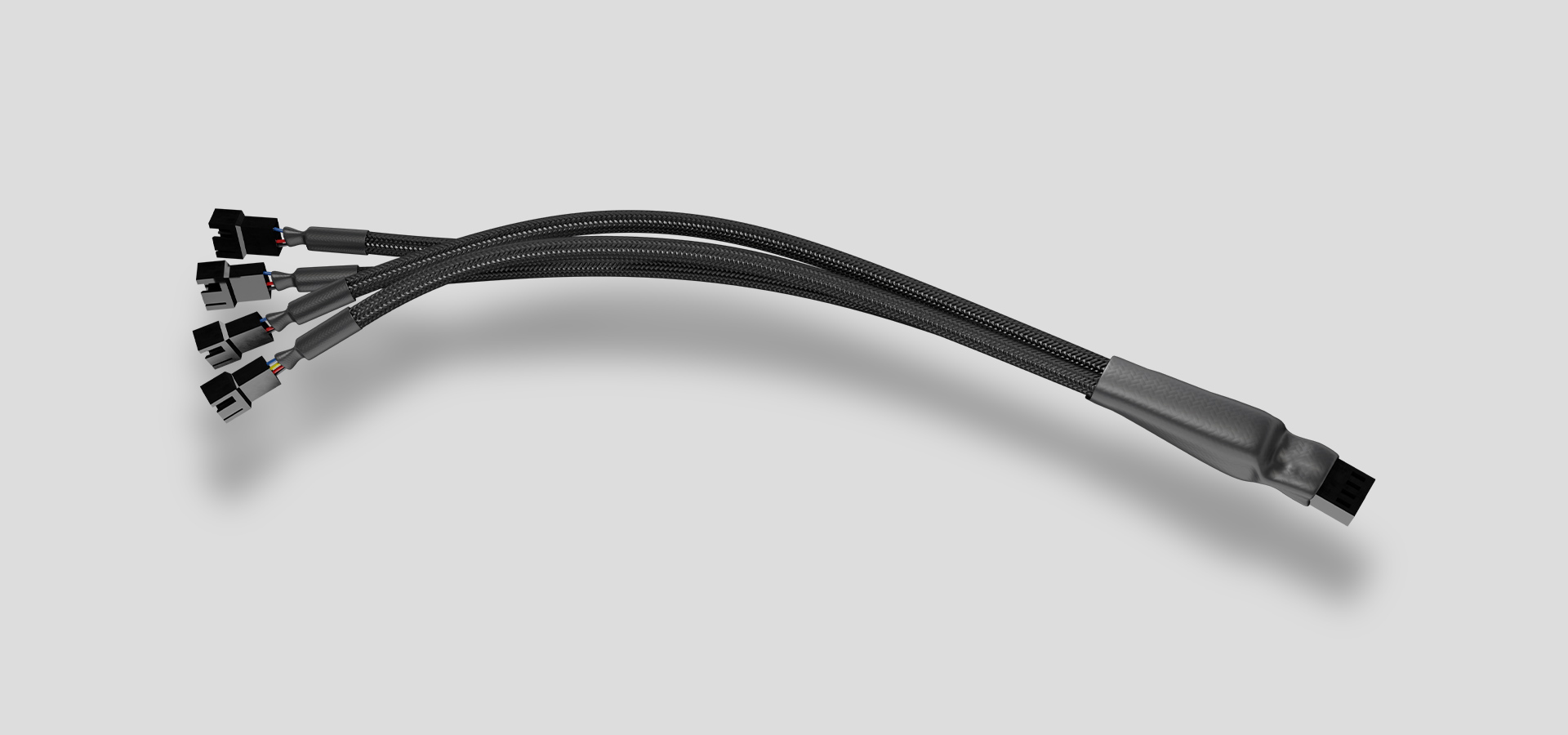 Czarny kabel z wieloma złączami rozwidlającymi się na jednym końcu i pojedynczym złączem na drugim.