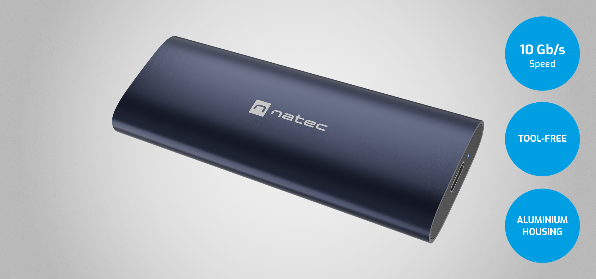 Portable storage device with a sleek dark blue design and a shiny surface finish.