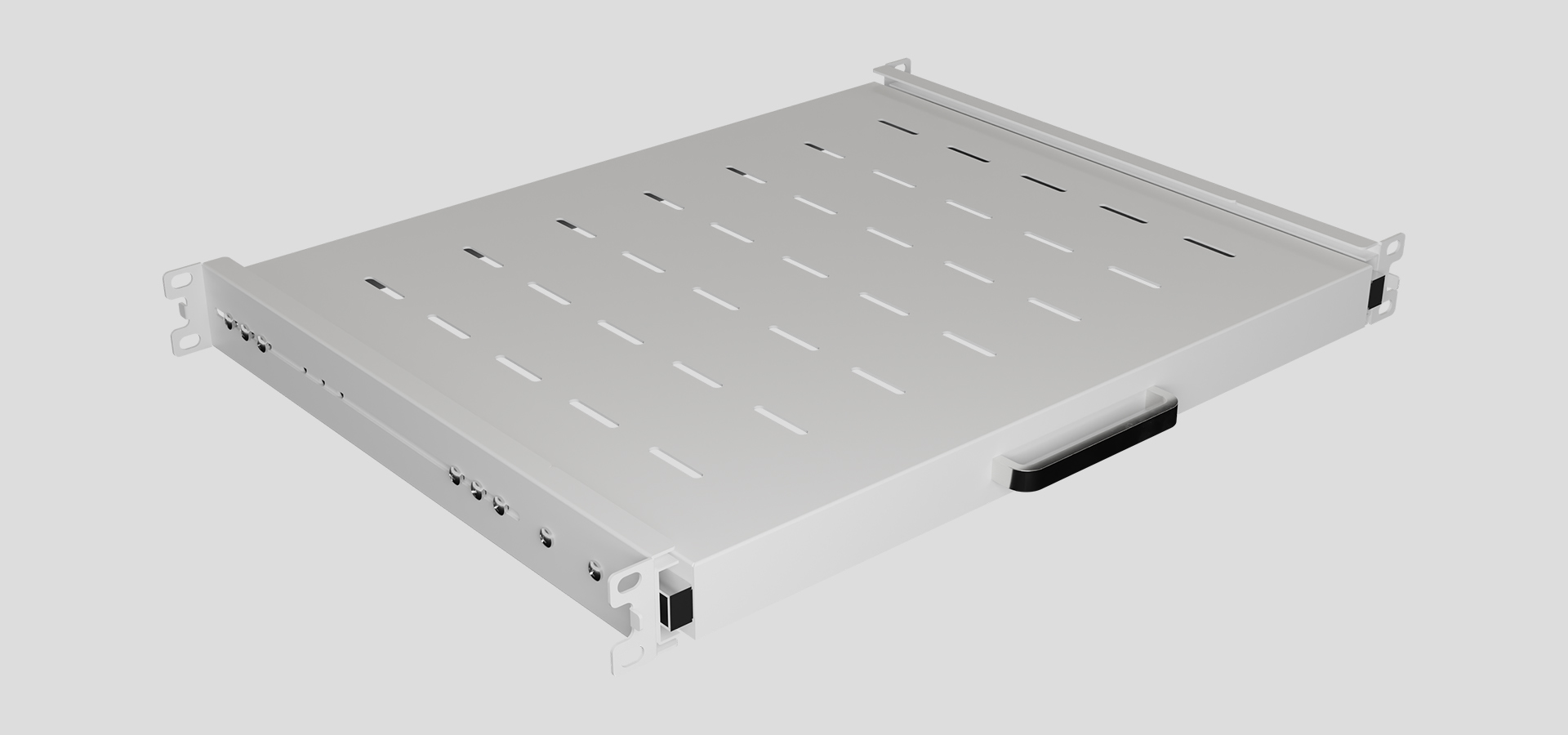 Szara wysuwana półka rack 19" firmy Lanberg, rozmiar 1U (445x350mm), nośność do 35kg, z czteropunktowym systemem montażu