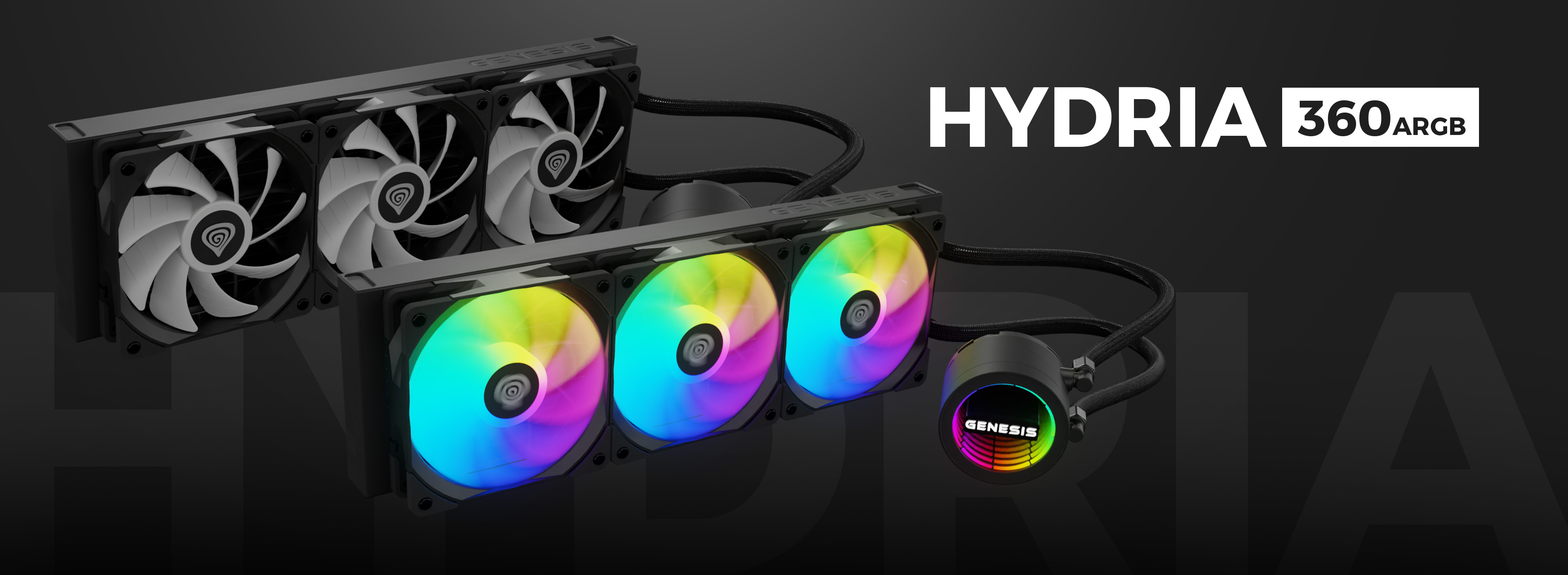 Wasserkühlsystem Genesis Hydria 360 ARGB in Schwarz, mit drei RGB-Lüftern und einem schlanken Pumpendesign