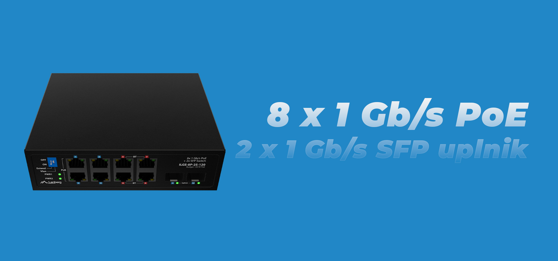 Switch sieciowy z ośmioma portami sieciowymi i dwoma gniazdami na moduły.