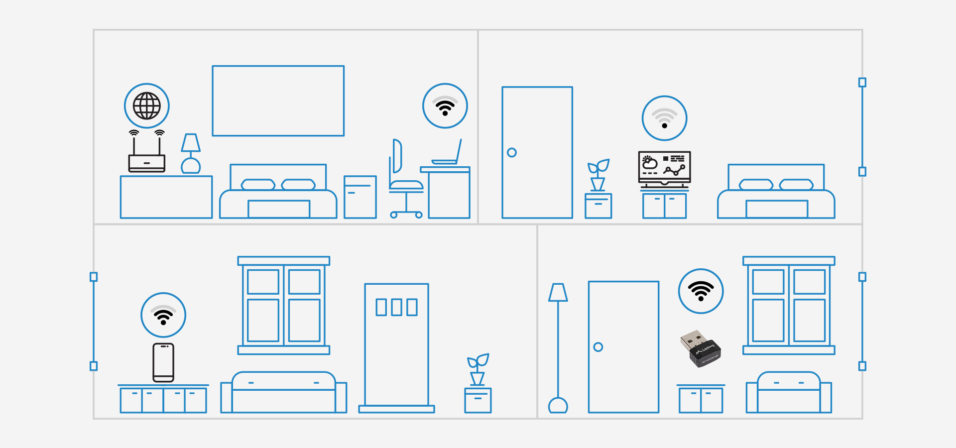 Bezprzewodowa karta sieciowa z wewnętrzną anteną pokazana w różnych układach pomieszczeń na jasnym tle