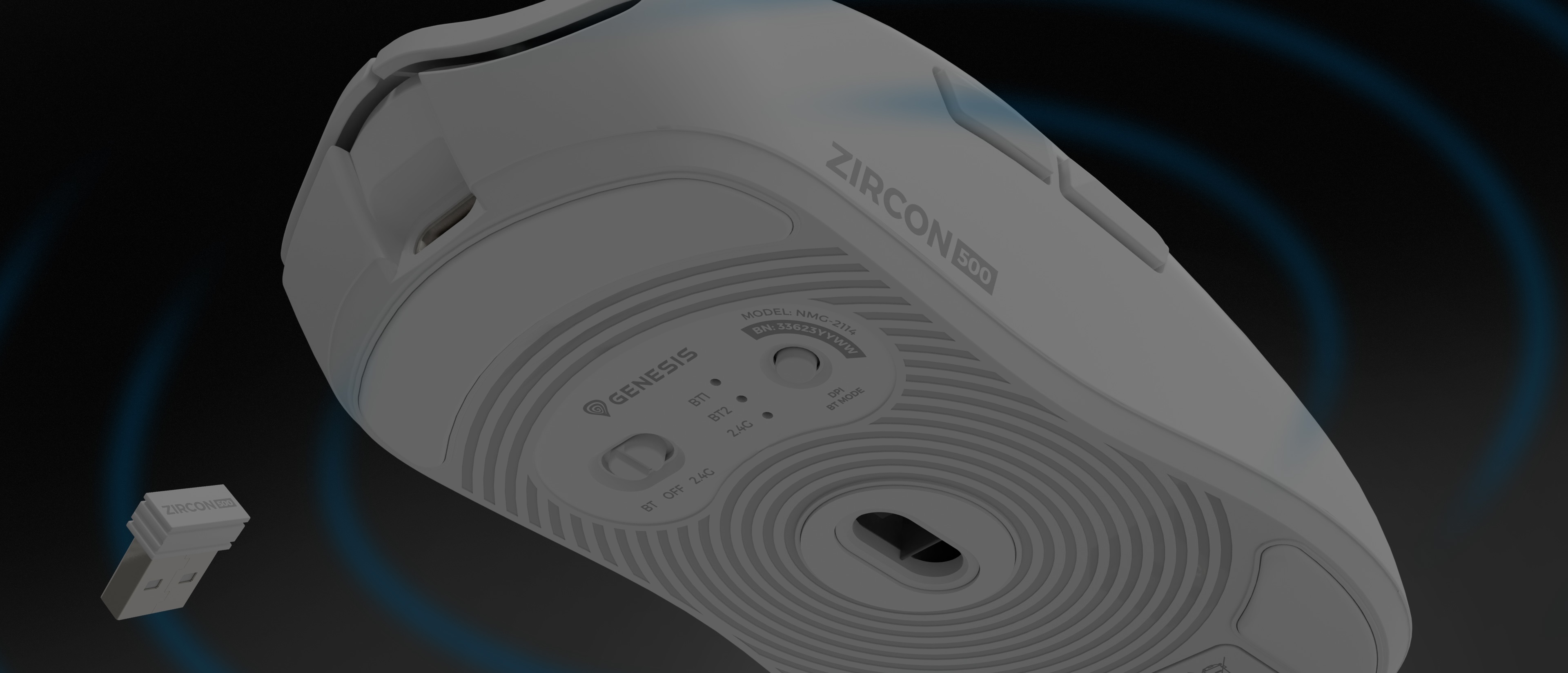 Genesis Zircon 500 G2 | Pelė žaidimams | Wireless/su laidu | 2.4 GHz, Bluetooth, USB | Baltas aprašymas - Prekės nuotrauka