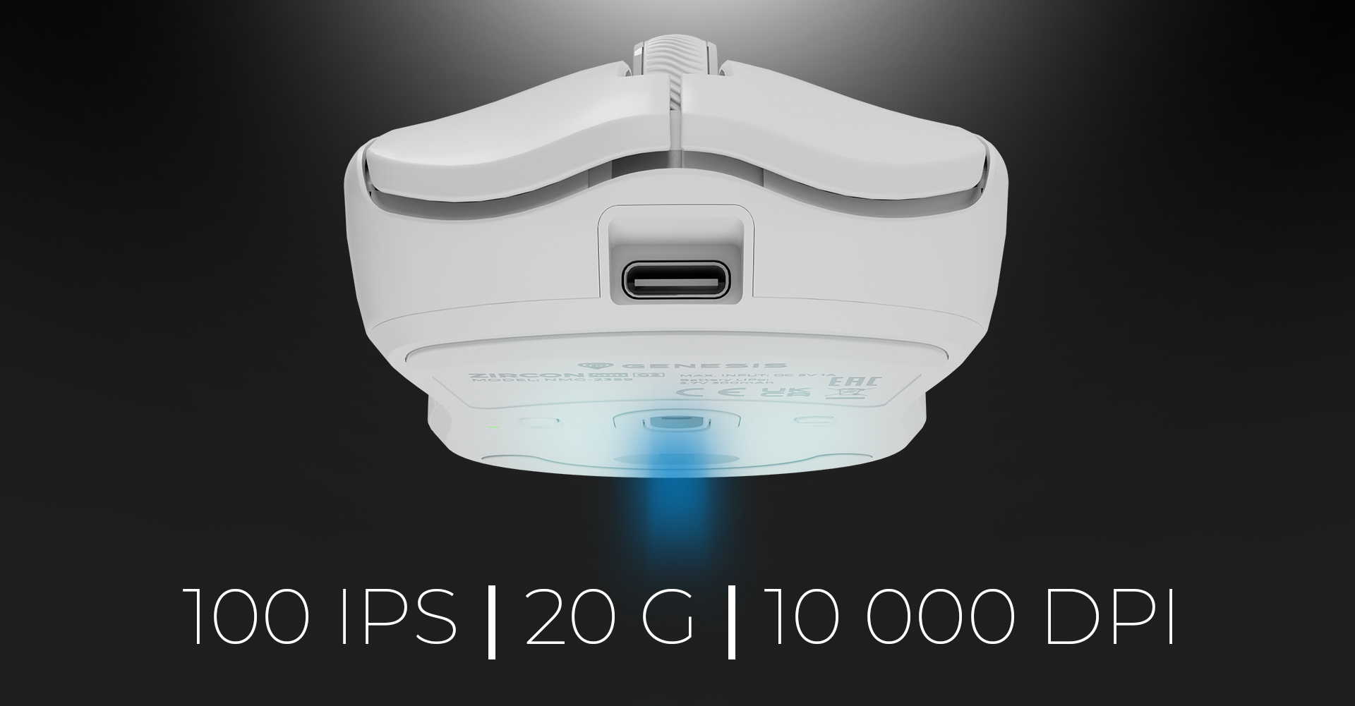 Bezprzewodowa mysz do gier w kolorze białym, wyposażona w port USB-C, ze specyfikacjami wydajności 100 IPS, 20 G i 10 000 DPI wyświetlanymi poniżej