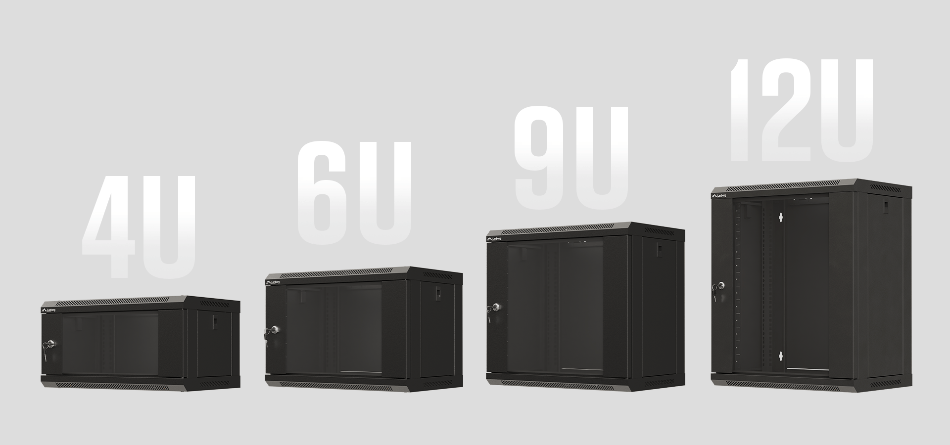 Wyświetlacz różnych rozmiarów naściennych szaf rack 19" oznaczonych jako 4U, 6U, 9U i 12U, wszystkie w kolorze czarnym.