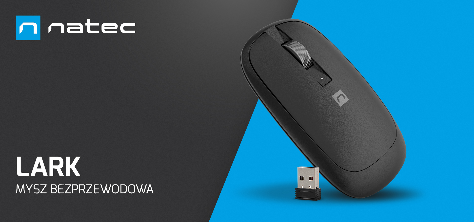 Bezprzewodowa mysz w kolorze szarym z kółkiem przewijania i małym adapterem połączeniowym