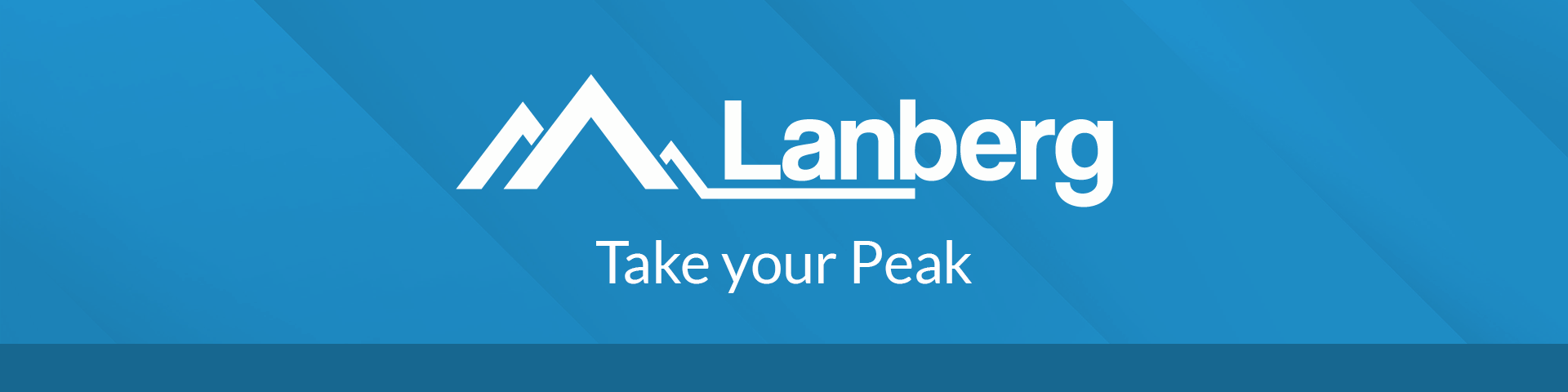 Niebieska grafika z symbolami gór i białym napisem Lanberg.