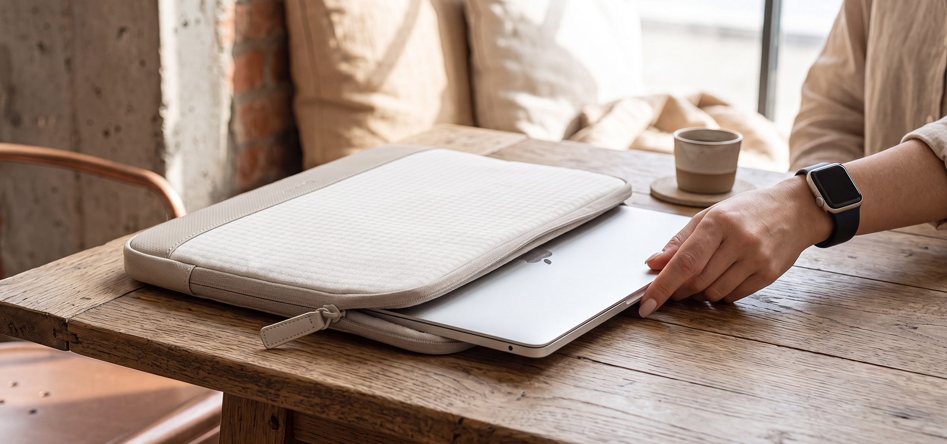 Osoba wkłada laptopa do jasnego etui ochronnego na drewnianym stole.