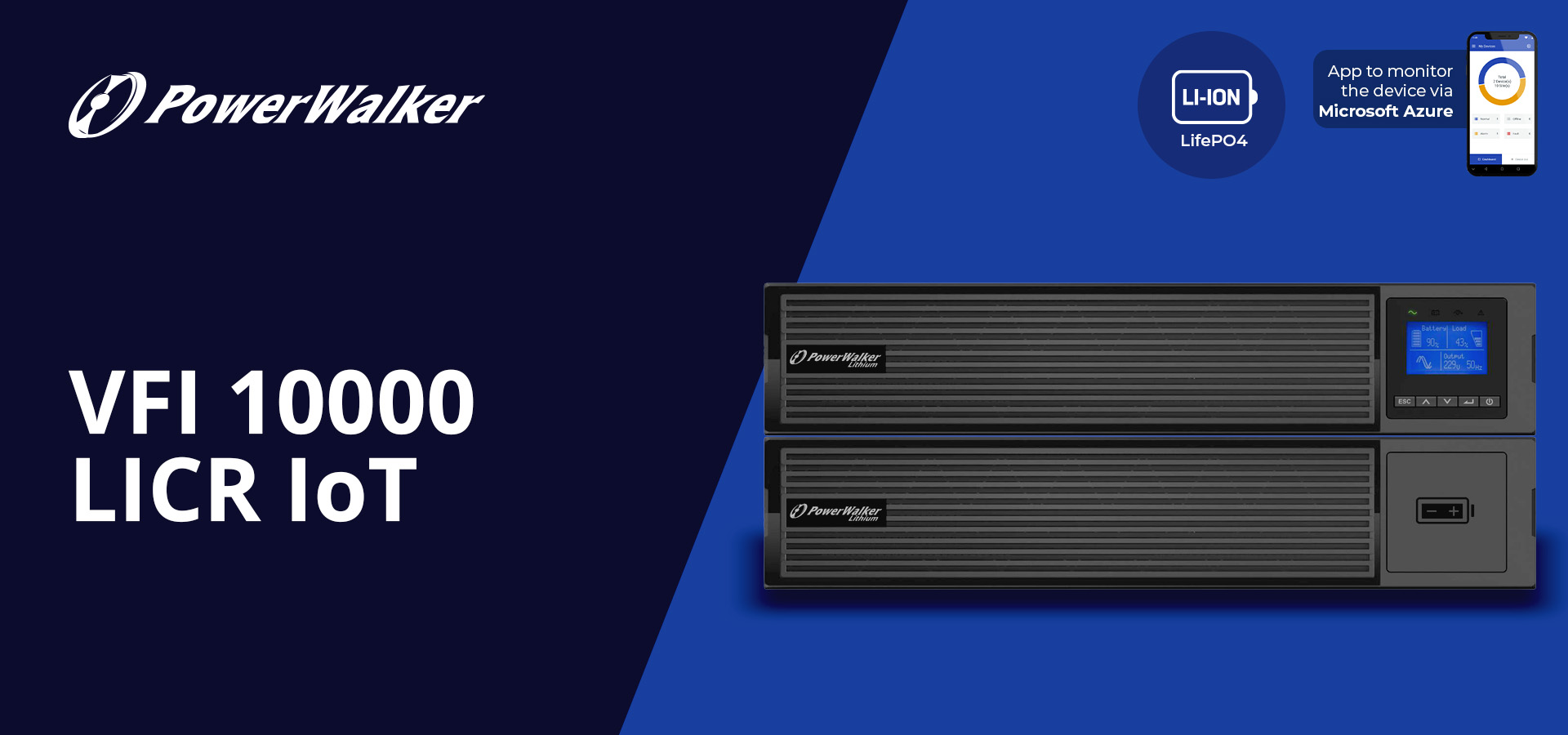 Czarny sprzęt z wentylacją, wyświetlaczem cyfrowym i portem na niebieskim tle.