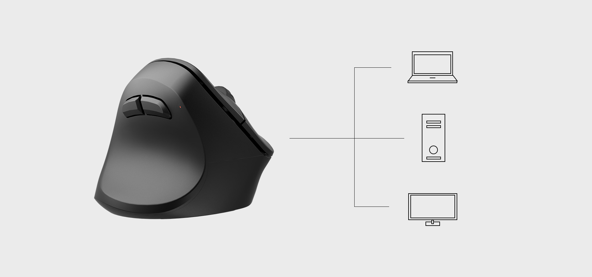 Ergonomic black mouse with additional buttons and connection options to various devices.