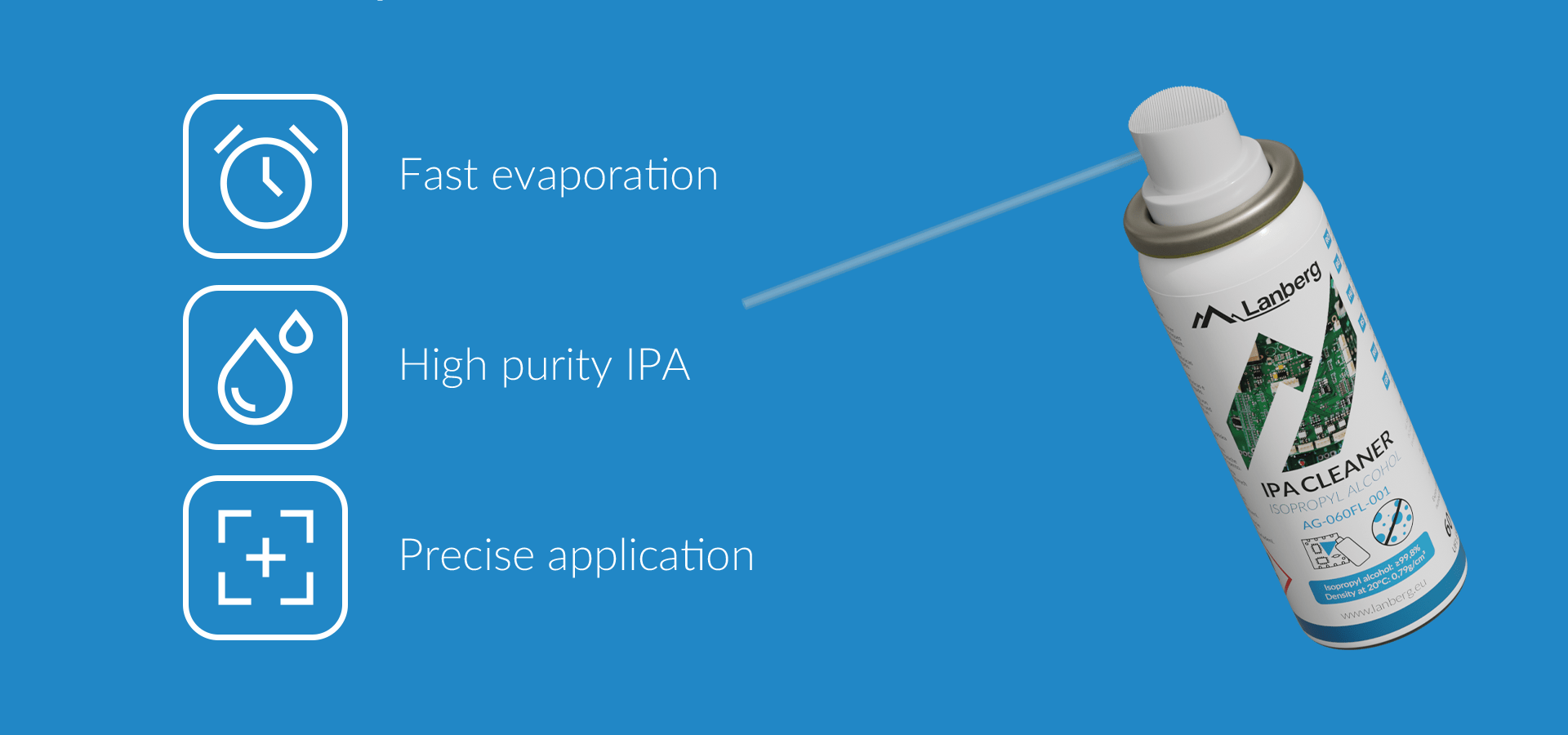 Can of high purity cleaning solution with a spray nozzle for precise application.